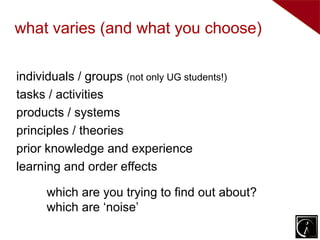 what varies (and what you choose)

individuals / groups (not only UG students!)
tasks / activities
products / systems
principles / theories
prior knowledge and experience
learning and order effects

      which are you trying to find out about?
      which are ‘noise’
 