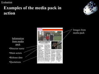 Examples of the media pack in action Images from media pack Information from media pack Director name Main actors Release date Quotations Evaluation 