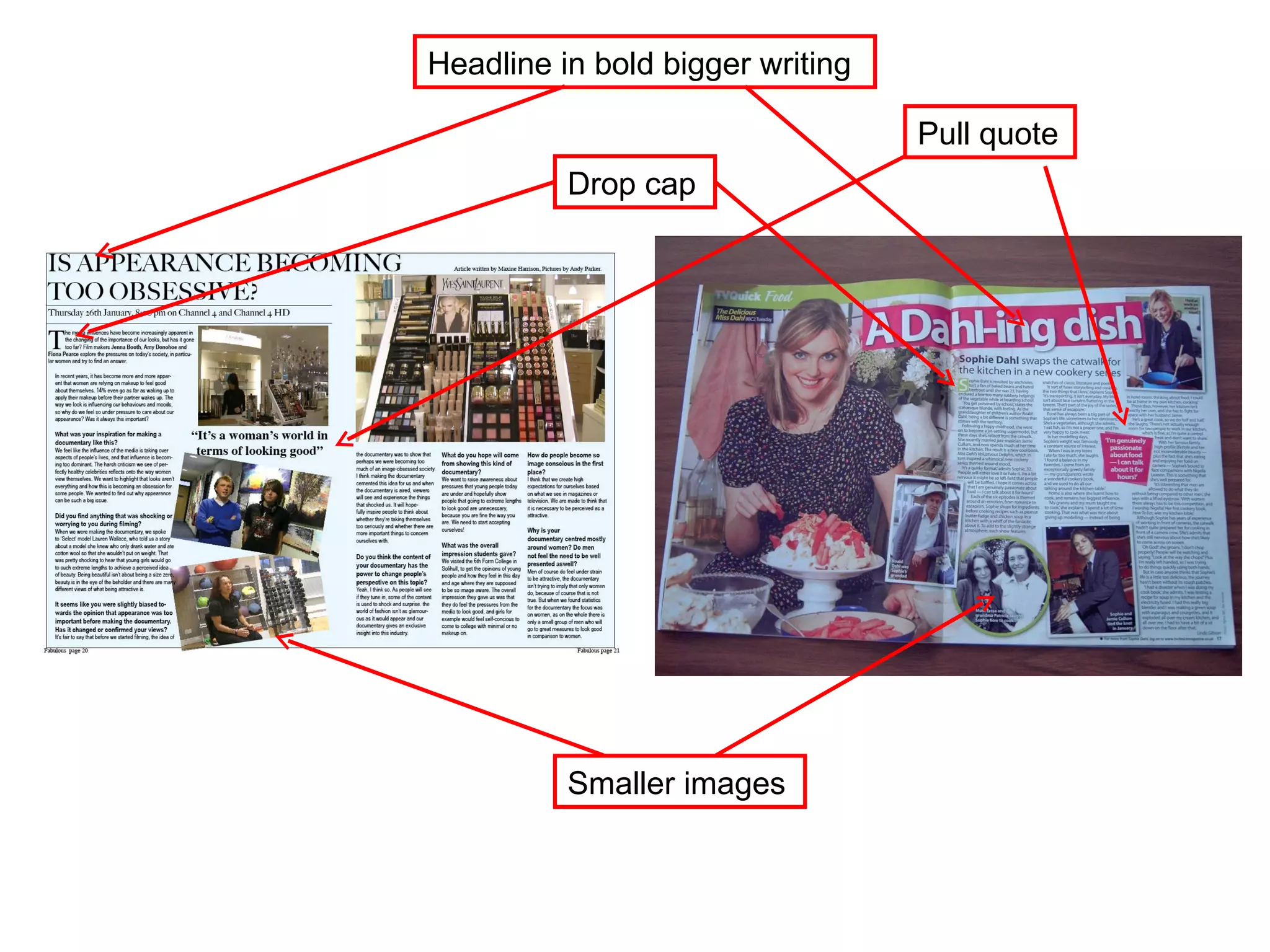 Smaller images  Drop cap Pull quote  Headline in bold bigger writing 