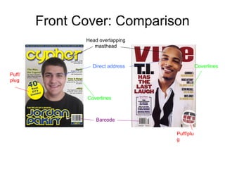 Front Cover: Comparison
               Head overlapping
                  masthead



                 Direct address              Coverlines
Puff/
plug


               Coverlines



                   Barcode

                                  Puff/plu
                                  g
 