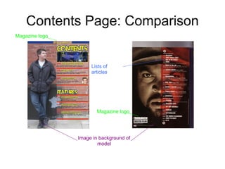 Contents Page: Comparison
Magazine logo




                     Lists of
                     articles




                       Magazine logo




                Image in background of
                        model
 