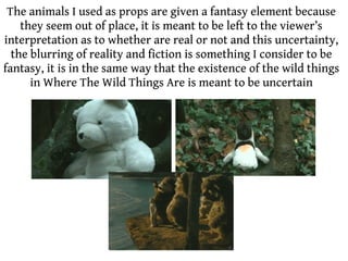 The animals I used as props are given a fantasy element because
    they seem out of place, it is meant to be left to the viewer’s
interpretation as to whether are real or not and this uncertainty,
  the blurring of reality and fiction is something I consider to be
fantasy, it is in the same way that the existence of the wild things
      in Where The Wild Things Are is meant to be uncertain
 