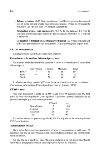 146 Les acteurs
· Tableur-grapheur : 8,15 % de non-réponse. Le tableur-grapheur est également
mis en ouvre par une grande majorité d’enseignants. Works est le logiciel le
plus usité. Les versions sous Dos tendent à disparaître.
· Publication assistée par ordinateur : 46,9 % de non-réponse. Ce type de
logiciel n’est utilisé que par une moitié des enseignants. Publisher est le logiciel
le plus usité.
· Conception et fabrication assistées par ordinateur :Ce type de logiciel n’est
utilisé que par une moitié des enseignants. Galaad est le logiciel le plus usité.
4.4. Les compétences
Les recoupement suivants ont retenu mon attention :
Connaissance du système informatique et sexe
Un tri croisé a été effectué entre les questions « sexe » et « connaissance d’un système
informatique ».
Non réponse Féminin Masculin Total
Syst. + 7 31 66 104
Syst- 4 40 14 58
Total 11 71 80 162
Les hommes en large majorité (66%) ont (ou pensent avoir) une bonne connaissance
d’un système informatique. Ce n’est pas le cas pour les femmes (31%).
CFAO et sexe
Une sous-population « faible en CFAO » a été créée. 80 personnes sur 162 font
partie de cette sous-population. Un tri à plat sur la question 1 (sexe) a été réalisé en ne
prenant en compte que cette sous-population.
Effectifs %
Non-réponse 7 8,8
Féminin 53 66,3
Masculin 20 25
Total 80 100
Le résultat donne un pourcentage de 66,3%. La majorité de la sous-population
CFAO- est féminine.
Automatismes et sexe
De la même façon, une sous-population « Faible en automatismes » a été créée. 79
personnes sur 162 se trouvent dans cette sous-population estimant ses compétences
nulles ou faibles.
Un tri à plat de la question 1 sur cette sous-population a été fait. Encore une fois la
majorité des enseignants estimant ses compétences faibles est féminine.
 