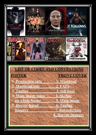 LIST OF CODES AND CONVENTIONS
POSTER FRONT COVER
1. Production info 1. Masthead
2. Masthead/title 2. FAPs
3. Tagline 3. Sell lines
4. Main image takes 4. Skyline
up whole frame 5. Main image
5. Horror-based 6. Tagline
imagery 7. Barcode/date
8. Horror imagery
 