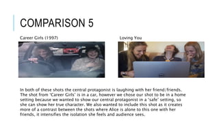 COMPARISON 5
Loving YouCareer Girls (1997)
In both of these shots the central protagonist is laughing with her friend/friends.
The shot from ‘Career Girls’ is in a car, however we chose our shot to be in a home
setting because we wanted to show our central protagonist in a ‘safe’ setting, so
she can show her true character. We also wanted to include this shot as it creates
more of a contrast between the shots where Alice is alone to this one with her
friends, it intensifies the isolation she feels and audience sees.
 