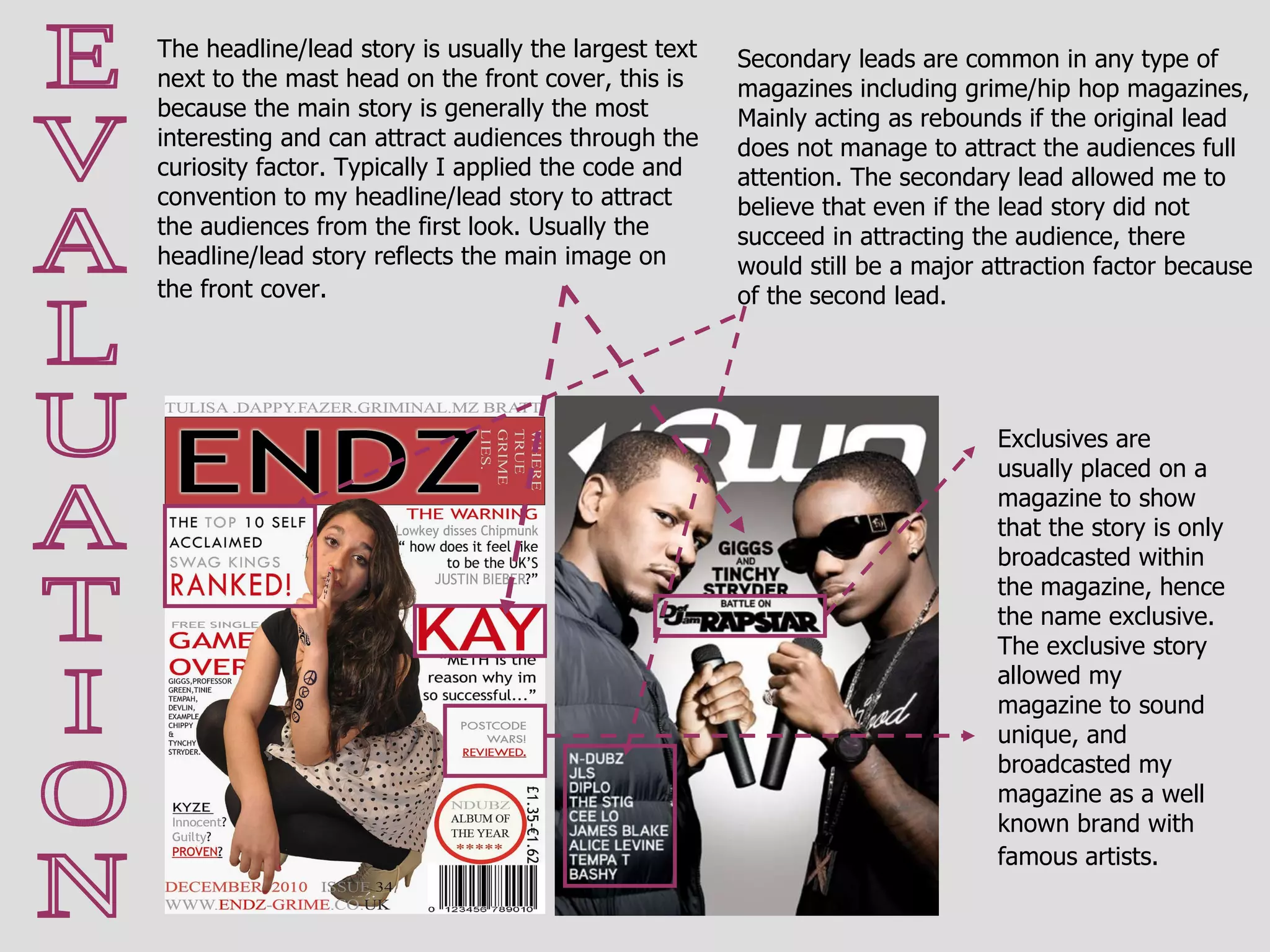 E V A L U A T I O N The headline/lead story is usually the largest text next to the mast head on the front cover, this is because the main story is generally the most interesting and can attract audiences through the curiosity factor. Typically I applied the code and convention to my headline/lead story to attract the audiences from the first look. Usually the headline/lead story reflects the main image on the front cover.   Secondary leads are common in any type of magazines including grime/hip hop magazines, Mainly acting as rebounds if the original lead does not manage to attract the audiences full attention. The secondary lead allowed me to believe that even if the lead story did not succeed in attracting the audience, there would still be a major attraction factor because of the second lead. Exclusives are usually placed on a magazine to show that the story is only broadcasted within the magazine, hence the name exclusive. The exclusive story allowed my magazine to sound unique, and broadcasted my magazine as a well known brand with famous artists.   