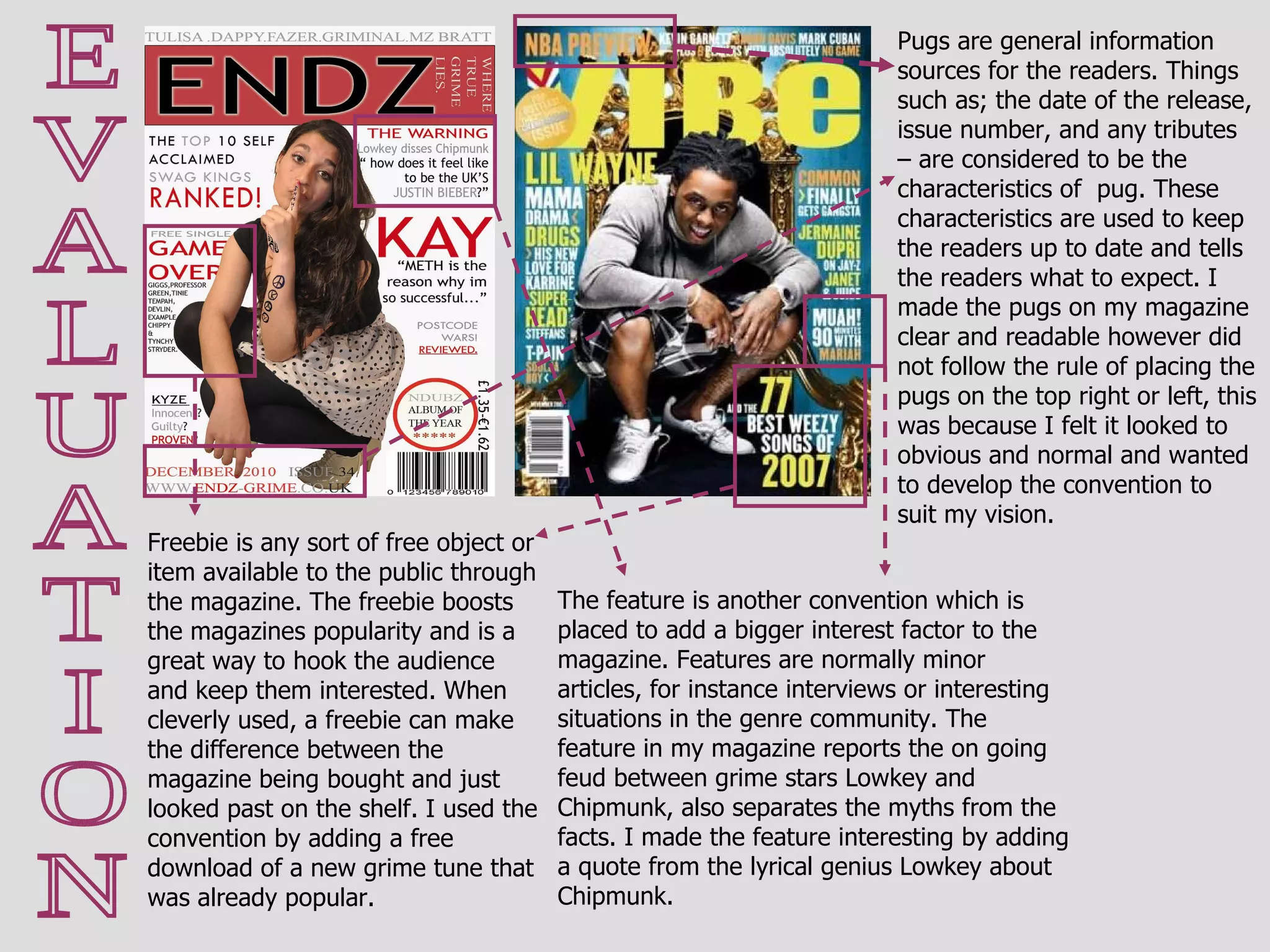 E V A L U A T I O N Freebie is any sort of free object or item available to the public through the magazine. The freebie boosts the magazines popularity and is a great way to hook the audience and keep them interested. When cleverly used, a freebie can make the difference between the magazine being bought and just looked past on the shelf. I used the convention by adding a free download of a new grime tune that was already popular. The feature is another convention which is placed to add a bigger interest factor to the magazine. Features are normally minor articles, for instance interviews or interesting situations in the genre community. The feature in my magazine reports the on going feud between grime stars Lowkey and Chipmunk, also separates the myths from the facts. I made the feature interesting by adding a quote from the lyrical genius Lowkey about Chipmunk. Pugs are general information sources for the readers. Things such as; the date of the release, issue number, and any tributes – are considered to be the characteristics of  pug. These characteristics are used to keep the readers up to date and tells the readers what to expect. I made the pugs on my magazine clear and readable however did not follow the rule of placing the pugs on the top right or left, this was because I felt it looked to obvious and normal and wanted to develop the convention to suit my vision. 