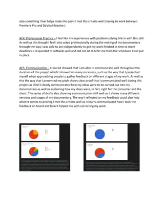 also something I feel helps make the point I met this criteria well (Having to work between
Premiere Pro and DaVinci Resolve.)
AC4: Professional Practice – I feel like my experiences with problem solving link in with this skill.
As well as this though I feel I also acted professionally during the making of my documentary
through the way I was able to act independently to get my work finished in time to meet
deadlines. I responded to setbacks well and did not let it defer me from the schedules I had put
in place.
AC5: Communication – I cleared showed that I am able to communicate well throughout the
duration of this project which I showed on many occasions, such as the way that I presented
myself when approaching people to gather feedback on different stages of my work. As well as
this the way that I presented my pitch shows clear proof that I communicated well during this
project as I feel I clearly communicated how my ideas were to be carried out into my
documentary as well as explaining how my ideas were, in fact, right for the consumer and the
client. The series of drafts also show my communication skill well as it shows many different
versions and stages of my documentary. The way I reflected on my feedback could also help
when it comes to proving I met this criteria well as I clearly communicated how I took the
feedback on board and how it helped me with correcting my work.
 