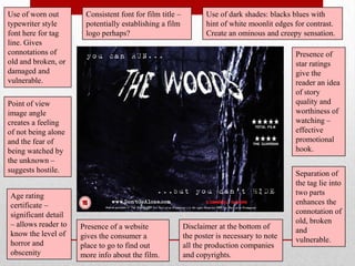 Use of worn out       Consistent font for film title –          Use of dark shades: blacks blues with
typewriter style      potentially establishing a film           hint of white moonlit edges for contrast.
font here for tag     logo perhaps?                             Create an ominous and creepy sensation.
line. Gives
connotations of                                                                             Presence of
old and broken, or                                                                          star ratings
damaged and                                                                                 give the
vulnerable.                                                                                 reader an idea
                                                                                            of story
Point of view                                                                               quality and
image angle                                                                                 worthiness of
creates a feeling                                                                           watching –
of not being alone                                                                          effective
and the fear of                                                                             promotional
being watched by                                                                            hook.
the unknown –
suggests hostile.                                                                           Separation of
                                                                                            the tag lie into
Age rating                                                                                  two parts
certificate –                                                                               enhances the
significant detail                                                                          connotation of
– allows reader to                                                                          old, broken
                     Presence of a website               Disclaimer at the bottom of        and
know the level of    gives the consumer a                the poster is necessary to note
horror and                                                                                  vulnerable.
                     place to go to find out             all the production companies
obscenity            more info about the film.           and copyrights.
 
