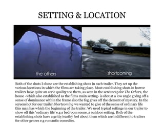 SETTING & LOCATION Both of the shots I chose are the establishing shots in each trailer. They set up the various locations in which the films are taking place. Most establishing shots in horror trailers have quite an eerie quality too them, as seen in the screencap for  The Others , the house -which also established as the films main setting- is shot at a low angle giving off a sense of dominance within the frame also the fog gives off the element of mystery. In the screenshot for our trailer  Shortcoming   we wanted to give of the sense of ordinary life this man has which the beginning of the trailer. We used typical settings in our trailer to show off this 'ordinary life' e.g a bedroom scene, a outdoor setting. Both of the establishing shots have a gritty/earthy feel about them which are indifferent to trailers for other genres e.g romantic comedies.  