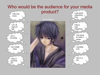 Who would be the audience for your media product? I am middle class. I am 18 years of age I like to read magazines I use social networking sites I am trying to make a career . I like rock music I socialise a lot. I am in university. I live in a city. I have a part time job. Typical Reader 