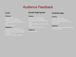 Audience Feedback Cover Positives Lots to look at,  Like the use of colours Like the use of photography Like the name of the artist which is used Nice and simple Negatives Because the images used and headlines are so clean cut it looks more like a book cover rather than a magazine.  Its not chaotic like a magazine Double Page Spread Positive  Good use of all the space Like the use of photography  Like the little birds and attention to detail  Like the structure and layout of the article Likes the use on no colour. Negatives  Lack of colour  Contents page Positive Like the use of colour Like the use of photography Like the structure of columns and written words. Negatives Thinks the grey box does not belong, looks out of place. 