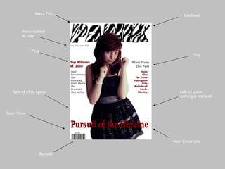 Plug Plug Cover Price Masthead Issue number & Date Barcode Main Cover Line Zebra Print Lots of space,  nothing is cramped Lots of white space 