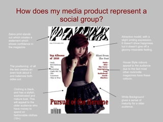 How does my media product represent a social group? Attractive model, with a slight smiling expression. It doesn't show happiness but it doesn’t give off a gloomy miserable feeling. White Background gives a sense of maturity for a older audience. Clothing is black, and has a stylish, sophisticated and mature look. This will appeal to the older audience who have money to spend on fashionable clothes. (18+). Zebra print stands out which creates a statement which shows confidence in the magazine. House Style colours appeal to the audience due to the fact most other rock/indie magazines have these colours. The positioning  of all the text creates an even look about it and balances both sides out. 