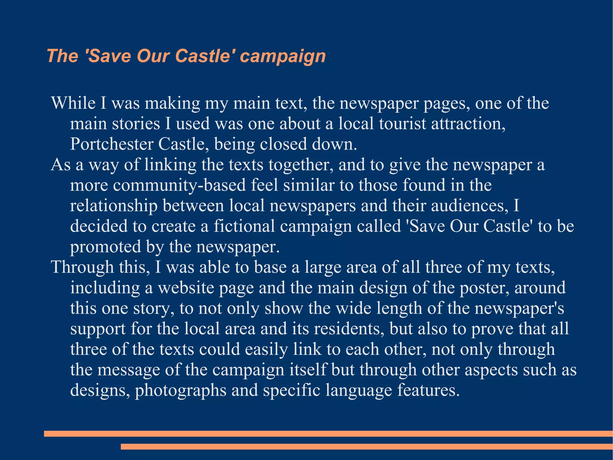 Examples One example of how I used certain tones of colour on particular objects came from the purple and red used on the front page of the newspaper, both of which were used on certain parts of the website as well. Although I chose to keep these elements subtle, with both the website and the newspaper being predominantly white in design, it did allow me to link both texts together through the similar usage of colours. 