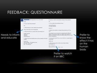 FEEDBACK: QUESTIONNAIRE




Needs to inform                           Prefer to
and educate                               know the
                                          effect it has
                                          on the
                                          human
                                          body
                        Prefer to watch
                        it on BBC
 