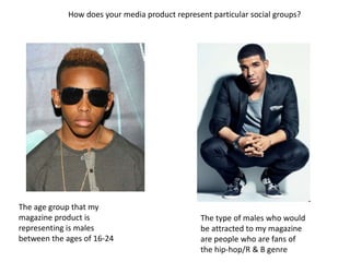 How does your media product represent particular social groups?




The age group that my
magazine product is                             The type of males who would
representing is males                           be attracted to my magazine
between the ages of 16-24                       are people who are fans of
                                                the hip-hop/R & B genre
 