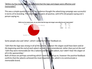 ‘Within my five media texts, do you think that the logo and slogan were effective and
memorable?’
This was a simple question to see if my audience thought the advertising campaign was successful
in terms of its branding. The results for this were all positive, with 67% (10 people) saying and 1
person saying no.
Some people also said ‘other’, which I asked for further feedback on.
‘I felt that the logo was strong in all of the adverts, however the slogan could have been said at
the beginning and the end of each advert so that it was remembered, rather than just at the end.’
‘I felt they were memorable for the 2 adverts and the radio advert, but I didn’t hear the slogan at
all in the sponsorships.’
Both of these are perhaps something which I need to build up on, however the positive feedback
confirms that the adverts achieved the most important aim, which is to communicate a
memorable brand.
 
