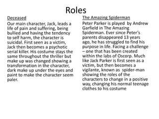 Roles
Deceased
Our main character, Jack, leads a
life of pain and suffering, being
bullied and having the tendency
to self harm, the character is
suicidal. First seen as a victim,
Jack then becomes a psychotic
serial killer. His costume stays the
same throughout the thriller but
make up was changed showing a
transformation in the character,
dark make up under the eyes and
paint to make the character seem
paler.
The Amazing Spiderman
Peter Parker is played by Andrew
Garfield in The Amazing
Spiderman. Ever since Peter’s
parents disappeared 13 years
ago, he has struggled to find his
purpose in life. Facing a challenge
– one that has been created
within the labs of Oscorp. Much
like Jack Parker is first seen as a
victim, but then becomes a
vigilante, known as spider-man
showing the roles of the
characters to change in a positive
way, changing his normal teenage
clothes to his costume
 