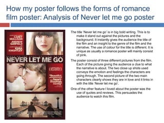 How my poster follows the forms of romance
film poster: Analysis of Never let me go poster
The title ‘Never let me go’ is in big bold writing. This is to
make it stand out against the pictures and the
background. It instantly gives the audience the title of
the film and an insight to the genre of the film and the
narrative. The use of colour for the title is different. It is
unique as usually a romance poster will mainly consist
of pink.
The poster consist of three different pictures from the film.
Each of the picture giving the audience a clue to what
the narrative is about. The two close up shots used
conveys the emotion and feelings the characters are
going through. The second picture of the two main
characters clearly shows they are in love and it links in
with the title ‘Never let me go’.
One of the other feature I loved about the poster was the
use of quotes and reviews. This persuades the
audience to watch this film.
 