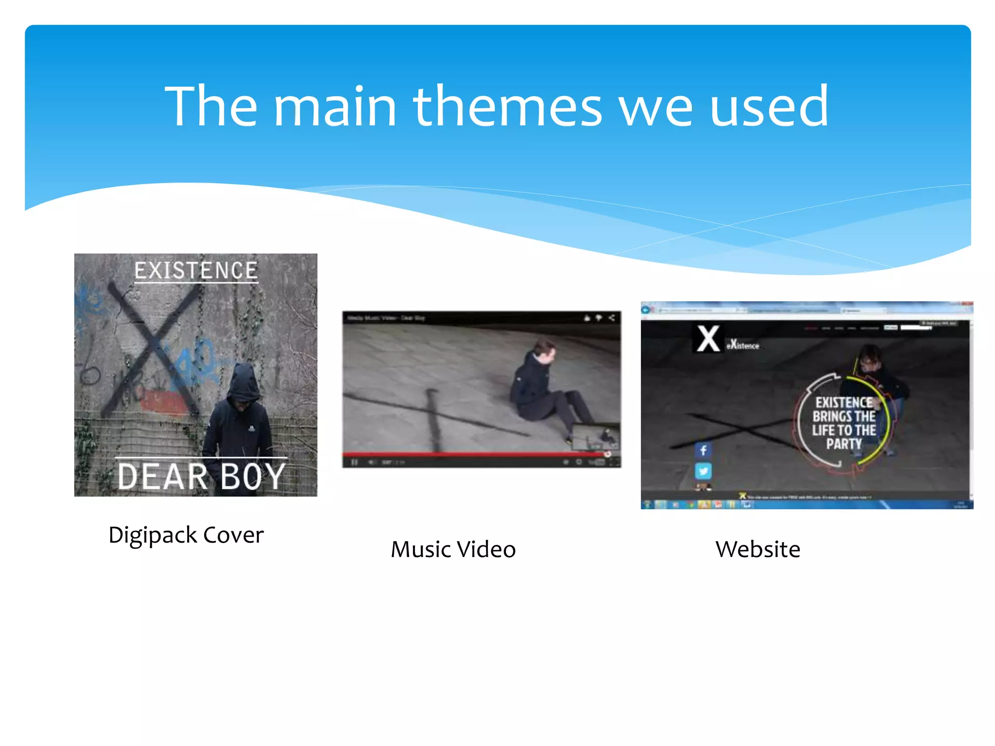 The main themes we used
Digipack Cover
Music Video Website
 