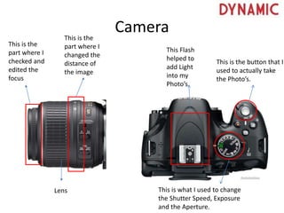 Camera
This Flash
helped to
add Light
into my
Photo’s.
This is the button that I
used to actually take
the Photo’s.
This is what I used to change
the Shutter Speed, Exposure
and the Aperture.
This is the
part where I
checked and
edited the
focus
This is the
part where I
changed the
distance of
the image
Lens
 