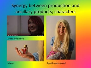 Synergy between production and
ancillary products; characters
Double page spread
Video production
advert
 