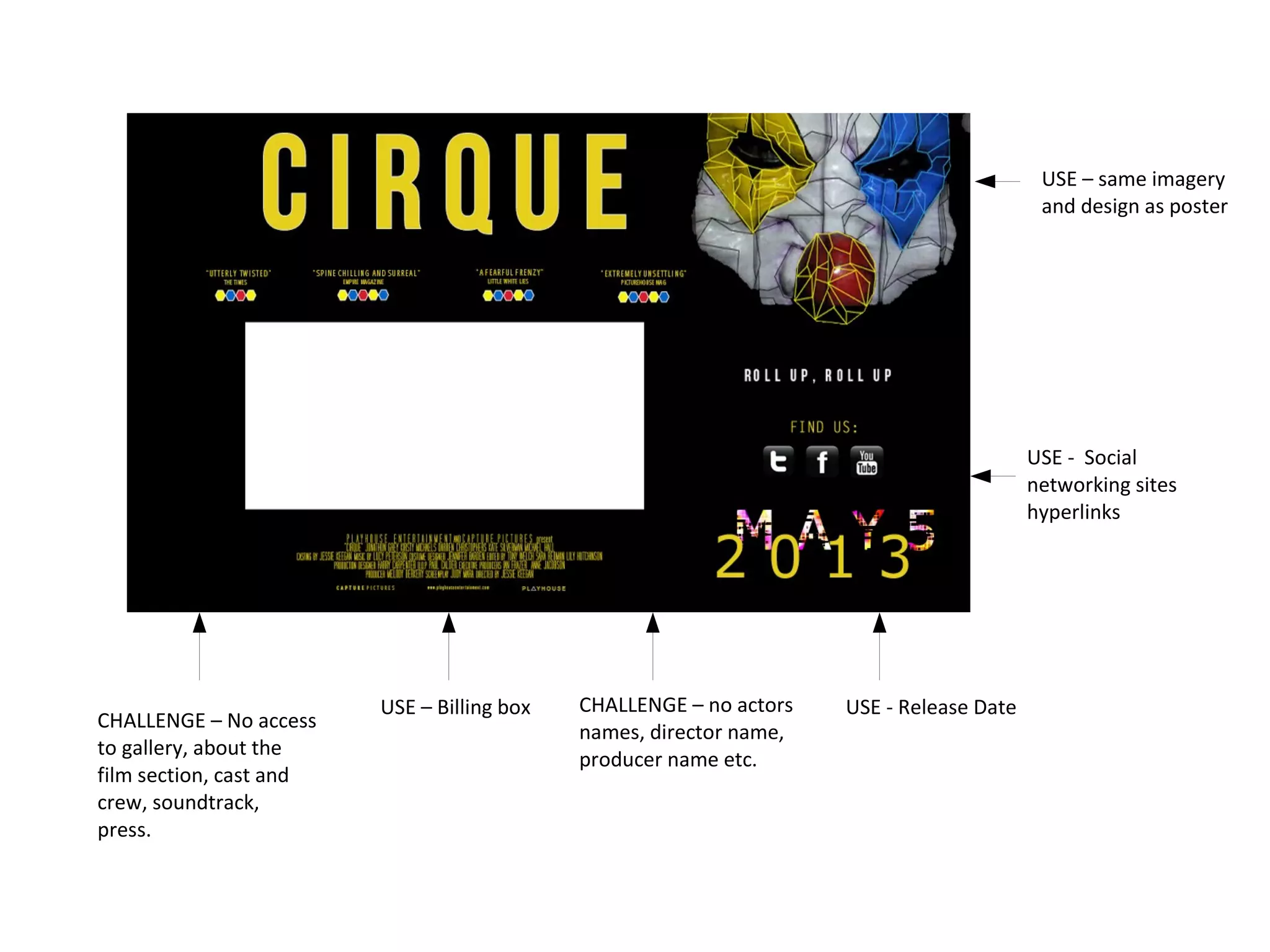 USE - Release DateUSE – Billing box
USE - Social
networking sites
hyperlinks
CHALLENGE – no actors
names, director name,
producer name etc.
CHALLENGE – No access
to gallery, about the
film section, cast and
crew, soundtrack,
press.
USE – same imagery
and design as poster
 