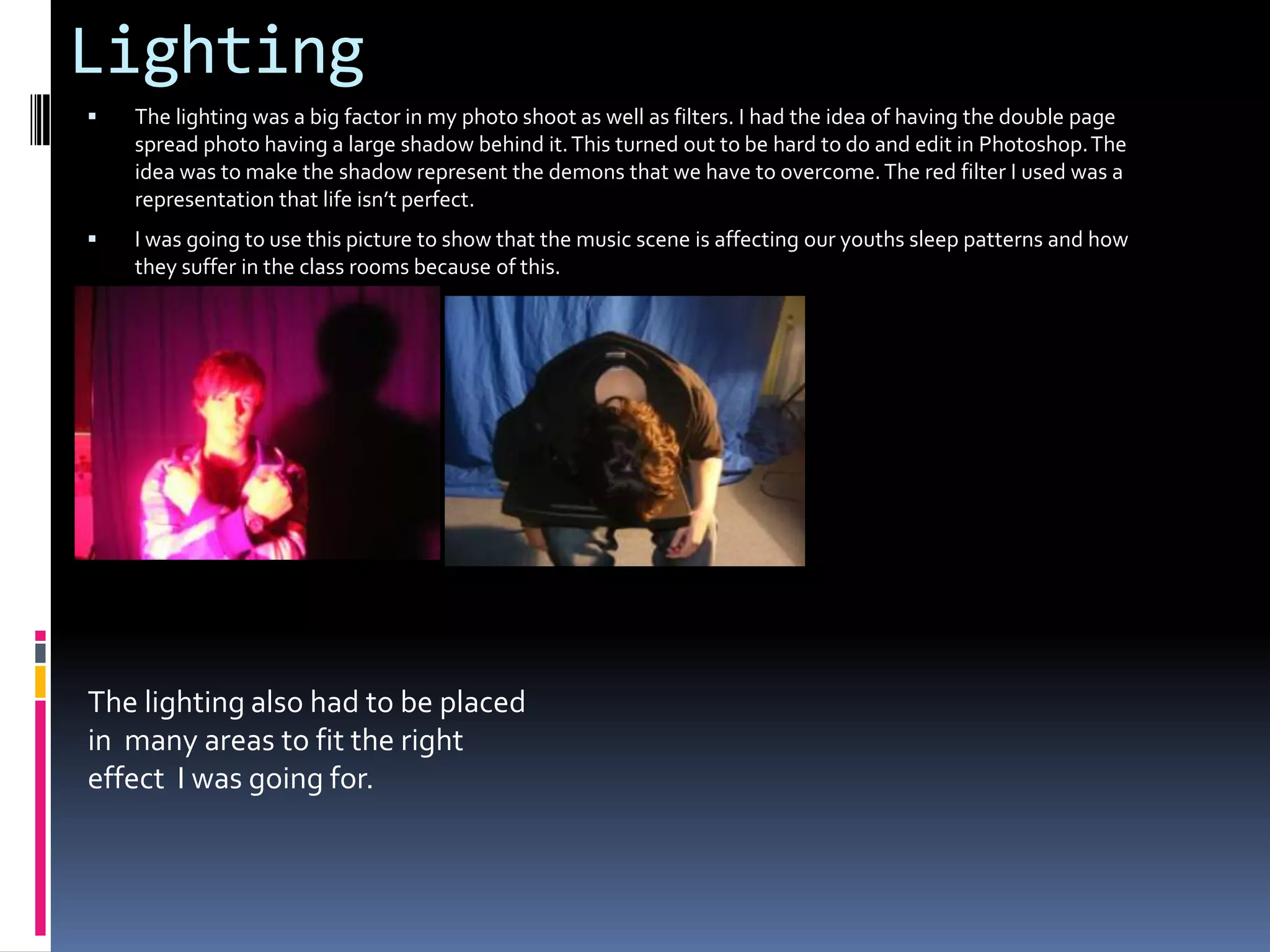 Looking back at your preliminary task (the College magazine), what do you feel you have learnt in the progression from it to full product?One  of the most important things I have learned throughout this magazine work is positioning. The flat plans helped allot. I noticed that preliminary task the amount of content on the page was not enough to fill the page. I needed more information and other media. I made sure on the music magazine I knew enough about my audience to write an article and  had enough images to represent the rest of the magazine. I do how ever regret using the preliminary colour red. I feel it gets a little vague. If I were to do this again I would use a wider range of colours. Another big progression for me was learning how to use language. From the initial collage magazine there is a clear step from okay to a solid article. The language used in the music magazine article was thought out. I tried to make it sound realistic. I didn’t want my audience to feel like there reading a scripted article. Also the questions I asked I thought must be related to what the audience would want to see. It’s clear the difference from when I started the magazine to the finished product. I have learned allot in the process of making this magazine. I feel its worth noting that I spent more time on the front cover than the contents. Also I was unclear on the copy write claims for band album logo’s and album covers. This leads to a large amount of time spent on an article that was illegal to use. Although I did use some inspiration from the original article to the finished piece.