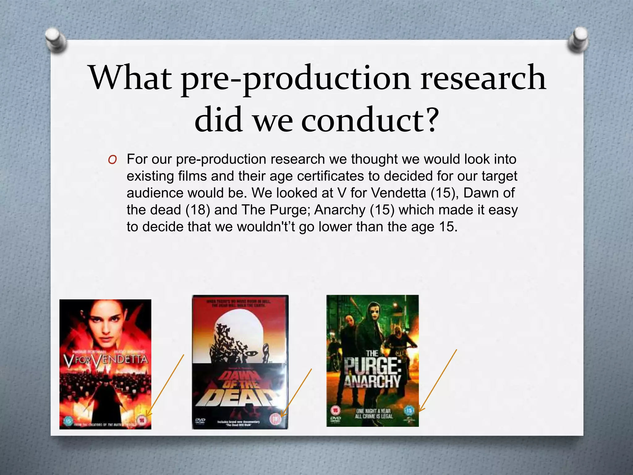 What pre-production research
did we conduct?
O For our pre-production research we thought we would look into
existing films and their age certificates to decided for our target
audience would be. We looked at V for Vendetta (15), Dawn of
the dead (18) and The Purge; Anarchy (15) which made it easy
to decide that we wouldn't’t go lower than the age 15.
 