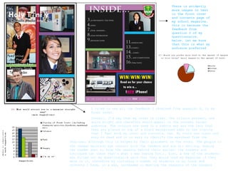 There is evidently
more images to text
in the front cover
and contents page of
my school magazine,
this is because the
feedback from
question 2 of my
questionnaire,
below, let me know
that this is what my
audience preferred
I tried to use all the feedback I received from question 6, in my
front cover.
Overall, I’d say that my cover is clear. The colours present, are
quite bright and therefore would appeal to the younger target
audience. The colours are used in a subtle way and the fact that
they are placed on top of a black background adds to the clarity
that I feel both my cover and contents, has. My fonts are clear and
easy to read and it is easy to identify the masthead from the
features, although this is helped by their placement on the cover. The people in
the images maintain eye contact with the readers and are all smiling, making
the reader want to know the reasons behind their smiles- the readers are
intrigued (at least that’s what I was hoping for…). Also, a few of the students
who filled out my questionnaire said that they would read my magazine if they
were in it, therefore by including a number of students on my front and
contents I have, in a way, succeeded in meeting the requests of the readers
 