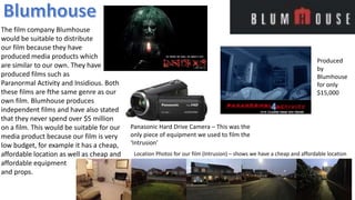 The film company Blumhouse
would be suitable to distribute
our film because they have
produced media products which
are similar to our own. They have
produced films such as
Paranormal Activity and Insidious. Both
these films are fthe same genre as our
own film. Blumhouse produces
independent films and have also stated
that they never spend over $5 million
on a film. This would be suitable for our
media product because our film is very
low budget, for example it has a cheap,
affordable location as well as cheap and
affordable equipment
and props.
Produced
by
Blumhouse
for only
$15,000
Location Photos for our film (Intrusion) – shows we have a cheap and affordable location
Panasonic Hard Drive Camera – This was the
only piece of equipment we used to film the
‘Intrusion’
 