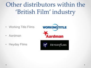 Other distributors within the
‘British Film’ industry
• Working Title Films
• Aardman
• Heyday Films
 