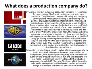 What does a production company do?
In terms of the film industry, a production company is responsible
for supervising a fi...