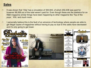 Sales
It was shown that ‘Vibe’ has a circulation of 300,943, of which 202,438 was paid for
however 98,508 out of the total weren’t paid for. Even though these are the statistics for an
R&B magazine similar things have been happening to other magazine like ‘Top of the
pops’, ‘XXL’ and much more.
I personally believe this is the fault of an advance of technology where people are able to
get illegal copies of magazines without having to pay so due to this sales have decreased
and it’s only going to get lower.
 