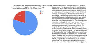 ‘Did the music video fit the expectations of a Hip-Hop
music video? This question allowed me to understand
whether my music video met the Hip-Hop expectations
and conventions according to my target audience. 80%
of my target audience agreed that the music video and
ancillary tasks conveyed the expectations of the Hip-
Hop genre. Therefore indicating that my music video is
successful because my audience research was based
on ‘Expectations’ according to my target audience in
which the production was based on. Therefore my music
video and ancillary tasks were able to meet the
requirements and success criteria. 20% of my target
audience disagreed with the question, however the
majority of my target audience agreed, therefore my
music video and ancillary tasks are successful on whole
according to my target audience. This is what I intended
of the music video and ancillary tasks; being generic, so
that the production can be identified as a hip hop music
video. This ideal was adopted from Steve Neale’s theory
of “genres are instances of repetition and difference”.
Which, suggests that productions should be repetitive,
so that they can be identified as a certain production,
hence my music video and ancillary tasks being generic.
 