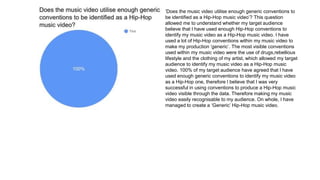 ‘Does the music video utilise enough generic conventions to
be identified as a Hip-Hop music video’? This question
allowed me to understand whether my target audience
believe that I have used enough Hip-Hop conventions to
identify my music video as a Hip-Hop music video. I have
used a lot of Hip-Hop conventions within my music video to
make my production ‘generic’. The most visible conventions
used within my music video were the use of drugs,rebellious
lifestyle and the clothing of my artist, which allowed my target
audience to identify my music video as a Hip-Hop music
video. 100% of my target audience have agreed that I have
used enough generic conventions to identify my music video
as a Hip-Hop one, therefore I believe that I was very
successful in using conventions to produce a Hip-Hop music
video visible through the data. Therefore making my music
video easily recognisable to my audience. On whole, I have
managed to create a ‘Generic’ Hip-Hop music video.
 
