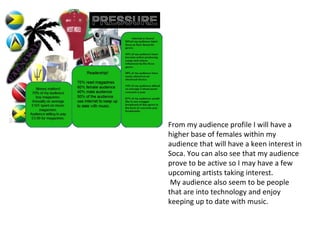 From my audience profile I will have a
higher base of females within my
audience that will have a keen interest in
Soca. You can also see that my audience
prove to be active so I may have a few
upcoming artists taking interest.
 My audience also seem to be people
that are into technology and enjoy
keeping up to date with music.
 