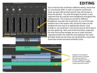 EDITING
Due to the fact that we filmed in different setting, meant that
our sound levels differ. In order to make the sound levels
equal, we were able to select specific clips and increase or
lower the decibels. This took the longest to perfect. It was
important that we used the same headphones throughout the
editing process. This is because sometimes different
headphones may alter the sound levels. As a lot of the clips
tended to be on the quieter side, we had to make sure the
background music was at an appropriate volume. Loud
enough so you could hear it, but not too loud so that it wasn’t
too over powering. With some of the transitions, especially
the ones from archive footage, we use an audio transition
‘expositional fade’ this made the music playing in the mean
girls fade slowly into the voice over. By doing this, meant that
sound was smooth and equal and didn’t jump.
Background music (green)
yellow line that runs through
the audio clip shows the
decibels. Dragging the line up,
increased the volume, dragging
it down lowered the volume.
 