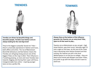 TRENDIES
Trendies are driven by beautiful things and
beautiful people, Trendies love fashion and are
always looking for the next big trend!
They’re the biggest outwardly ‘brand-me’ Tribe –
they’re universally aspirational in fashion and music,
both offline and online. The rise of Mainstream
Brand Me behaviours and fast fashion means the
Trendies are still going strong and are one of the
biggest Tribes on the map in 2015. Their influence is
if anything growing, as more and more Trendies lean
towards vlogging and sharing their super-soft-focus,
Instagrammable lives online – inspiring younger
teens to live a perfect life.
TOWNIES
Always there at the bottom of the influence
pyramid, the Townies are an entry-level Tribe,
open to all that want to play…
Townies are as Mainstream as you can get – high
street fashion, pop chart music, Saturday night TV
and a night on the town. As the rest of the Tribal
map is becoming more fashion-forward and fast-
moving, the Townies are still in the local
Wetherspoons or on the bus to college – they are
likely to be friends with Blingers and other Tribes,
but prefer to go with the flow and don’t want to
stand out.
 