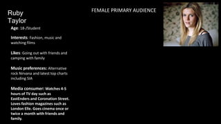 Ruby
Taylor
Age: 18-/Student
Interests: Fashion, music and
watching films
Likes: Going out with friends and
camping with family
Music preferences: Alternative
rock Nirvana and latest top charts
including SIA
Media consumer: Watches 4-5
hours of TV day such as
EastEnders and Coronation Street.
Loves fashion magazines such as
London Elle. Goes cinema once or
twice a month with friends and
family.
FEMALE PRIMARY AUDIENCE
 