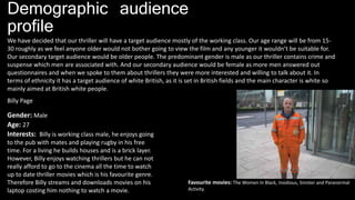 Demographic audience
profile
We have decided that our thriller will have a target audience mostly of the working class. Our age range will be from 15-
30 roughly as we feel anyone older would not bother going to view the film and any younger it wouldn’t be suitable for.
Our secondary target audience would be older people. The predominant gender is male as our thriller contains crime and
suspense which men are associated with. And our secondary audience would be female as more men answered out
questionnaires and when we spoke to them about thrillers they were more interested and willing to talk about it. In
terms of ethnicity it has a target audience of white British, as it is set in British fields and the main character is white so
mainly aimed at British white people.
Billy Page
Age: 27
Gender: Male
Interests: Billy is working class male, he enjoys going
to the pub with mates and playing rugby in his free
time. For a living he builds houses and is a brick layer.
However, Billy enjoys watching thrillers but he can not
really afford to go to the cinema all the time to watch
up to date thriller movies which is his favourite genre.
Therefore Billy streams and downloads movies on his
laptop costing him nothing to watch a movie.
Favourite movies: The Women In Black, Insidious, Sinister and Paranormal
Activity.
 