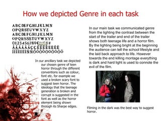 How we depicted Genre in each task In our ancillary task we depicted our chosen genre of teen horror through the different conventions such as colour, font etc. for example we used a broken scary font to suggest teen horror. The ideology that the teenage generation is broken and corrupt is suggested in the font as well as the horror element being shown through its Sharpe edges. In our main task we communicated genre from the lighting the contrast between the start of the trailer and end of the trailer shows both teenage life and a horror film. By the lighting being bright at the beginning the audience can tell the school lifestyle and the laid back approach to life. However towards the end killing montage everything is dark and hard light is used to connote the evil of the film. Filming in the dark was the best way to suggest horror. 
