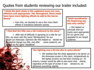 “ i think the dark shots in the cupboard scene are very effective and appropriate. Yet, throughout, there could have been more lighting effects to add to the horror theme” = from this, we decided to use a few more flash-     effects in transitions between scenes. Quotes from students reviewing our trailer included: “ Good soundtracks – the beginning one was very catchy!” = this helped us  conclude that our tracks were appropriate for our genre and appealed to our target audience.  “ the lighting was a bit too dim in some places” =  We realised that the shots appeared a lot darker on  the showcase screen in the room, comparatively to  the laptop screens we had been working on. To  ensure a viewer would be able to see every shot  clearly, regardess of the type of screen it was  viewed on, we lightened everything slightly. “ i feel that the title was a bit irrelevant to the story” =  After lots of difficulty in agreeing on a title for our  film, we stuck with the name ‘Monkeyshine’ for our  rough-cut showcase. Opinions like this helped us  decide we needed to change our title, and after  some research, we settled on the name ‘Deadbeat’. 