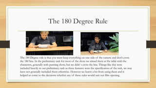 The 180 Degree Rule
The 180 Degree rule is that you must keep everything on one side of the camera and don’t cross
the 180 line. In the preliminary task for most of the shots we aimed them at the table with the
characters, generally with panning shots, but we didn’ t cross the line. Things like this were
included heavily in our preliminary task as these features were the specification of the task, we may
have not generally included them otherwise. However we learnt a lot from using them and it
helped us come to the decisions whether any of these rules would suit our film opening.
 