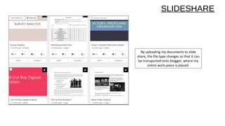 By uploading my documents to slide
share, the file type changes so that it can
be transported onto blogger, where my
entire work-piece is placed.
SLIDESHARE
 