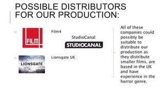 POSSIBLE DISTRIBUTORS
FOR OUR PRODUCTION:
o Film4
o Lionsgate UK
All of these
companies could
possibly be
suitable to
distribute our
production as
they distribute
smaller films, are
based in the UK
and have
experience in the
horror genre.
StudioCanal
 
