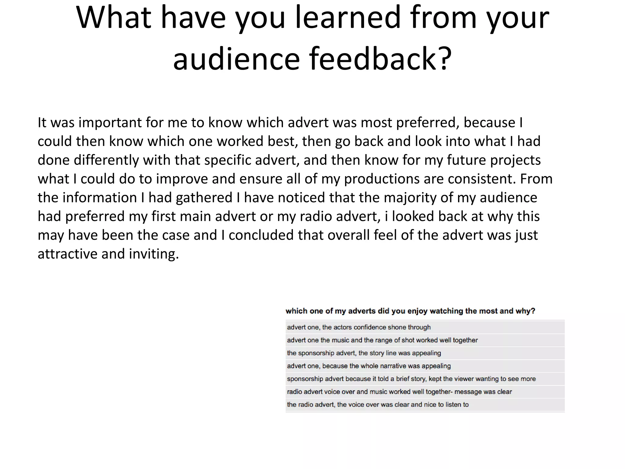 What have you learned from your
audience feedback?
It was important for me to know which advert was most preferred, because I
could then know which one worked best, then go back and look into what I had
done differently with that specific advert, and then know for my future projects
what I could do to improve and ensure all of my productions are consistent. From
the information I had gathered I have noticed that the majority of my audience
had preferred my first main advert or my radio advert, i looked back at why this
may have been the case and I concluded that overall feel of the advert was just
attractive and inviting.
 