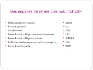 Des espaces de références pour l’EHESP Établissements universitaires Écoles d’ingénieurs Grandes écoles Écoles de santé publique à vocation internationale Écoles de santé publique européenne Établissements d’enseignement supérieur européen Écoles de service public AERES CTI CGE CEPH ASPHER ESG RESP 