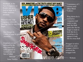 Masthead  in the Top of magazine so  Reader can see it  And its large so it Grabs audience  attention Barcode Website Key Images in  Centre of page to grab Attention  Emphasis on sex enforced by the sexy issue (sex sells) appeals to women who are fans of usher Married to the with  Vengeance enforced  Marriage feel by ring on f finger Issue Number Consistency of 3 colours used  (Blue Black Yellow) Swagger in red to emphasise artist swagger which is enforced the swagger look Ring shows he is married to vengeance and ready to take back the RnB game also the his finger is made to look like he is swearing so he appear to look like he owns RnB  
